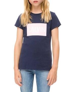 Camiseta Calvin Klein Box Logo Marino Para Niña