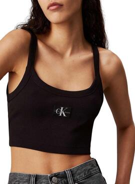 Top Calvin Klein Woven Label canalé negro para mujer