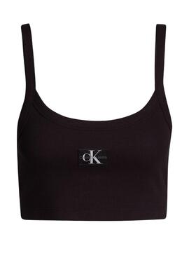 Top Calvin Klein Woven Label canalé negro para mujer