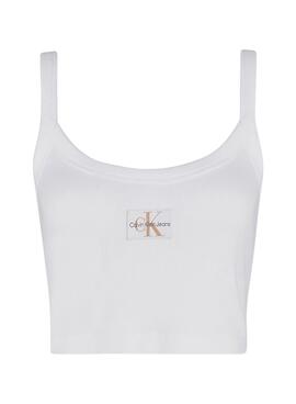 Top Calvin Klein blanco Woven Label canalé para mujer