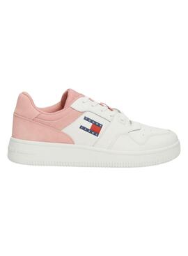 Zapatillas Tommy Jeans Basket retro rosa y blanco para mujer