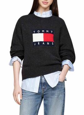 Jersey Tommy Jeans Flag lana melange gris para mujer