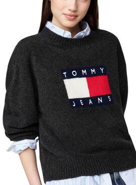 Jersey Tommy Jeans Flag lana melange gris para mujer