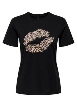 Camiseta Only Lola labios leopardo negro para mujer