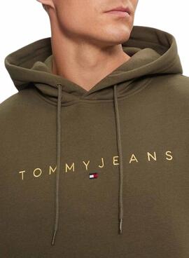 Sudadera Tommy Jeans Linear Gold capucha verde para hombre