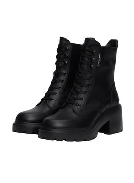 Botas Tommy Jeans de piel con tacón y cordones negro para mujer