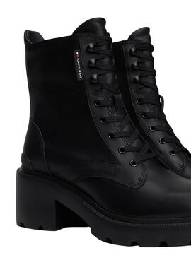 Botas Tommy Jeans de piel con tacón y cordones negro para mujer