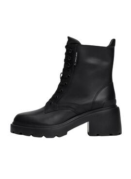 Botas Tommy Jeans de piel con tacón y cordones negro para mujer