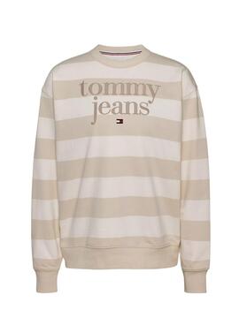 Sudadera Tommy Jeans logo rayas beige relaxed para mujer