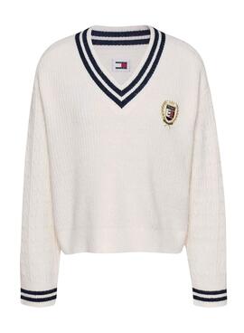 Jersey Tommy Jeans Prep trenzado escudo beige para mujer