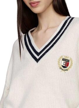 Jersey Tommy Jeans Prep trenzado escudo beige para mujer