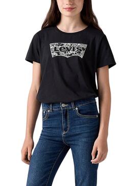 Camiseta levis Floral Batwing negro para niña