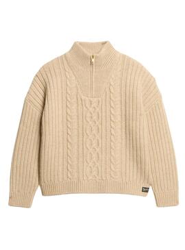 Jersey Superdry Cable Zip beige para mujer