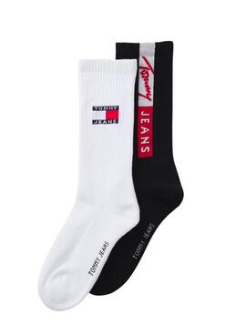 Pack 2 calcetines Tommy Jeans blanco y negro Vertical Logo para hombre y mujer