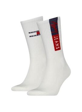 Pack 2 calcetines Tommy Jeans blanco Vertical Logo para hombre y mujer