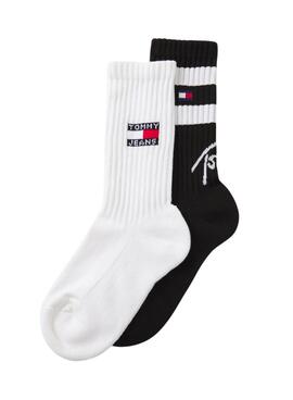 Pack 2 calcetines Tommy Jeans Sport Stripe blanco y negro para hombre y mujer