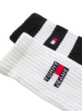 Pack 2 calcetines Tommy Jeans Sport Stripe blanco y negro para hombre y mujer