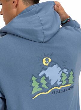 Sudadera El Pulpo capucha estampado montañas azul para hombre