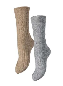 Pack de 2 calcetines Pieces Nonna gris y tostado para mujer