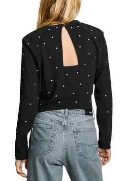 Top Pepe Jeans Ava con pedrería negro para mujer