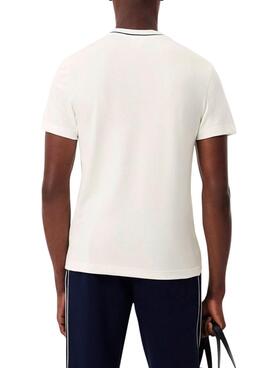 Camiseta Lacoste beige con cuello de rayas para hombre