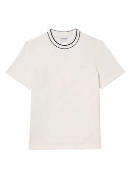 Camiseta Lacoste beige con cuello de rayas para hombre